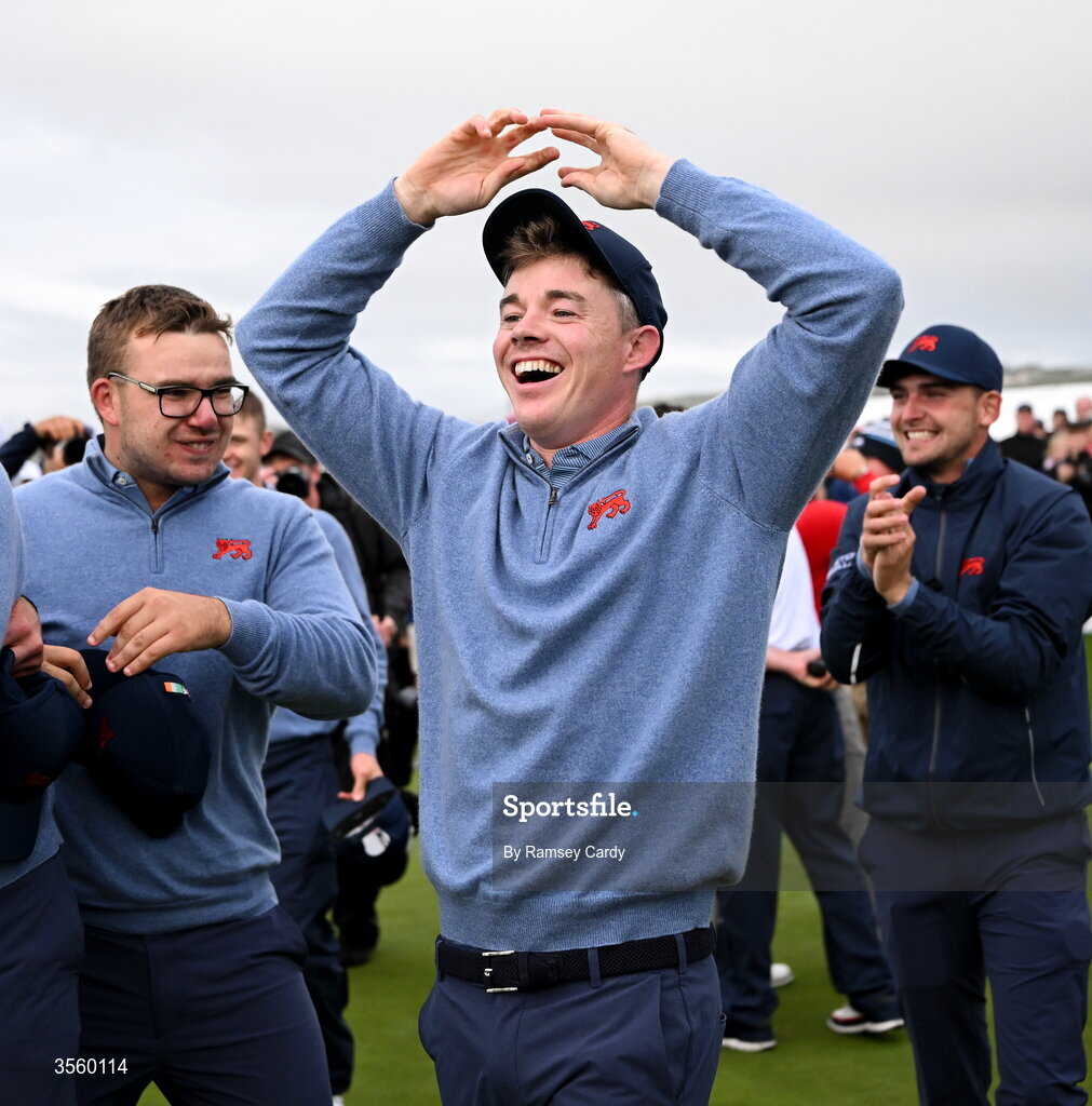 6 September 2026; Stuart Grehan of Great Britain and Ireland celebrates winning The Walker Cup on day two of the 51st Walker Cup at Lahinch Golf Club in Lahinch, Clare. Photo by Ramsey Cardy/Sportsfile