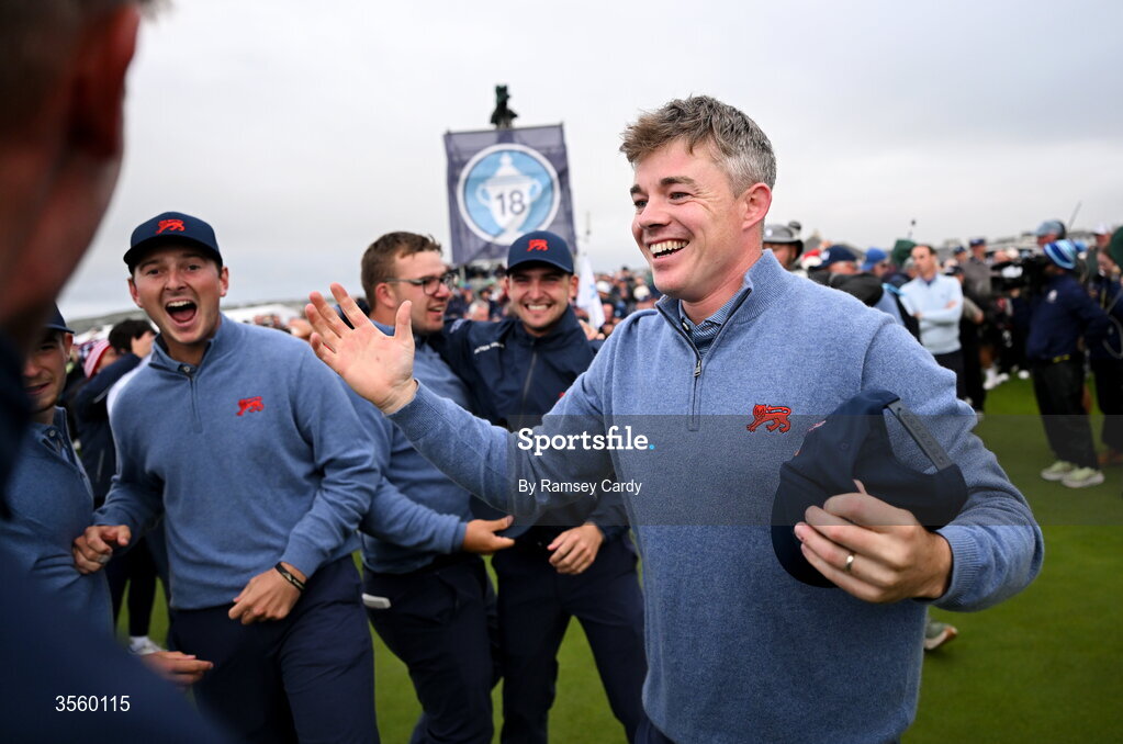 6 September 2026; Stuart Grehan of Great Britain and Ireland celebrates winning The Walker Cup on day two of the 51st Walker Cup at Lahinch Golf Club in Lahinch, Clare. Photo by Ramsey Cardy/Sportsfile
