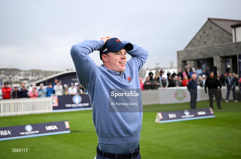 6 September 2026; Stuart Grehan of Great Britain and Ireland celebrates winning The Walker Cup on day two of the 51st Walker Cup at Lahinch Golf Club in Lahinch, Clare. Photo by Ramsey Cardy/Sportsfile