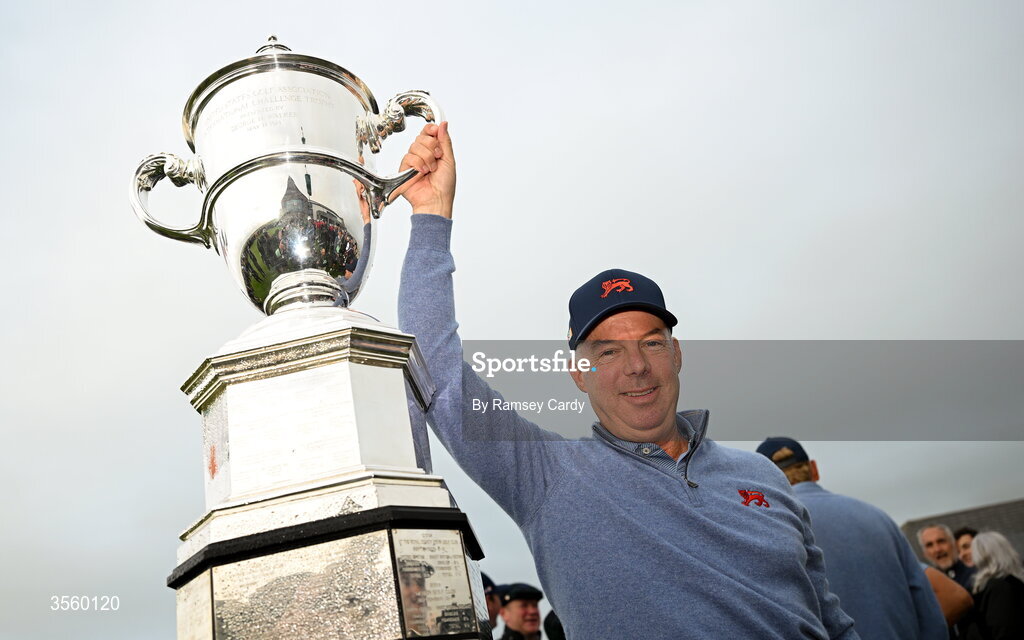 6 September 2026; Great Britain and Ireland captain Dean Robertson lifts The Walker Cup on day two of the 51st Walker Cup at Lahinch Golf Club in Lahinch, Clare. Photo by Ramsey Cardy/Sportsfile