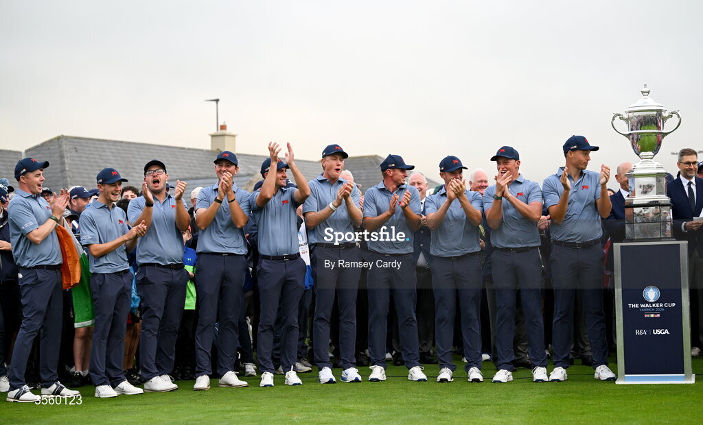 6 September 2026; The Great Britain and Ireland team celebrate with the Walker Cup after day two of the 51st Walker Cup at Lahinch Golf Club in Lahinch, Clare. Photo by Ramsey Cardy/Sportsfile