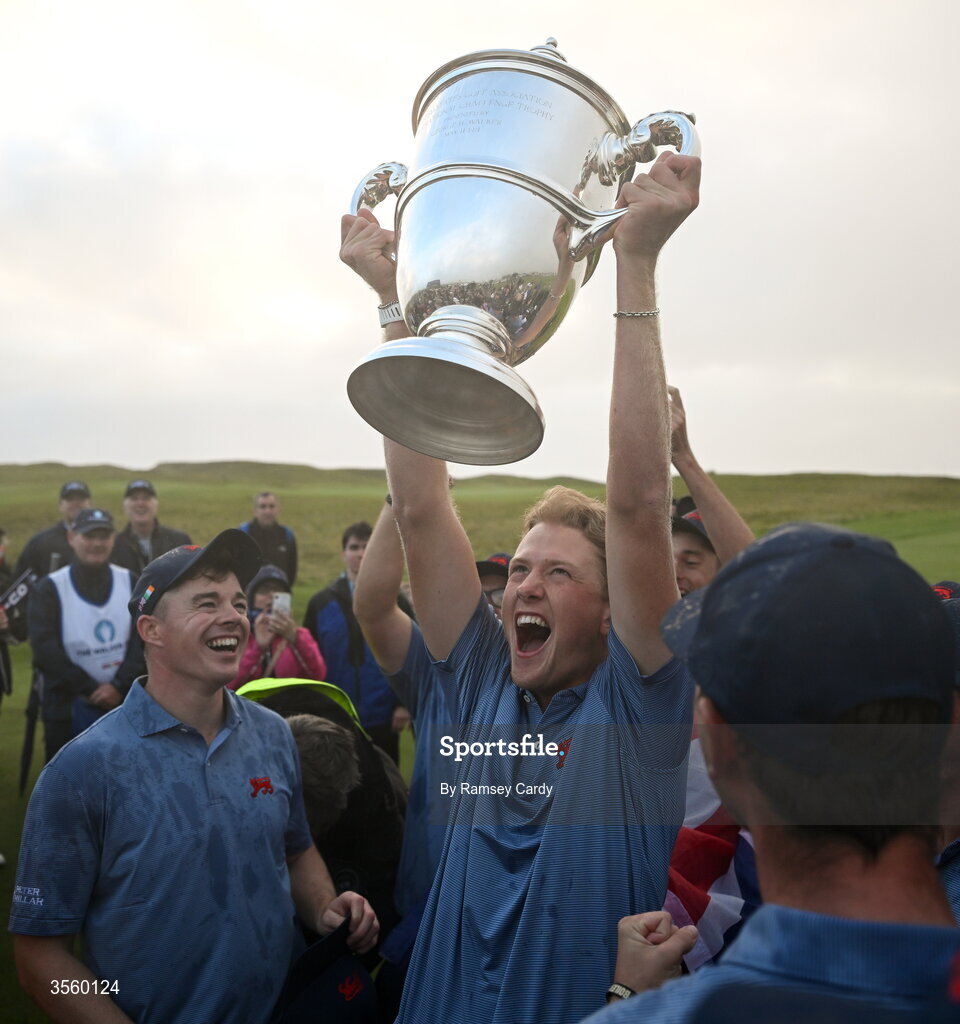 6 September 2026; Luke Poulter of Great Britain and Ireland celebrates with The Walker Cup on day two of the 51st Walker Cup at Lahinch Golf Club in Lahinch, Clare. Photo by Ramsey Cardy/Sportsfile