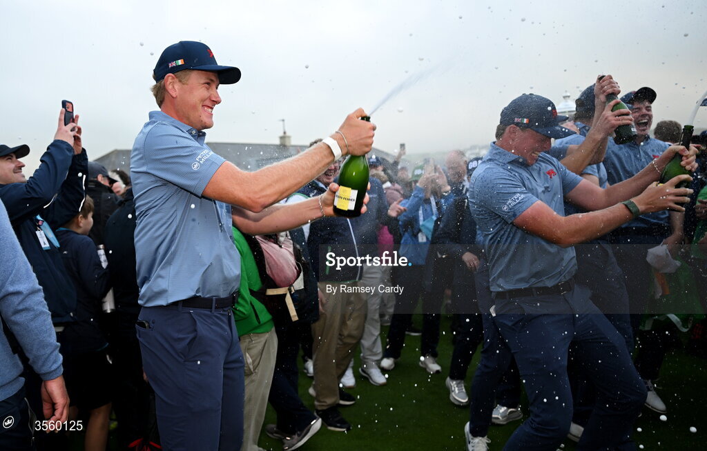 6 September 2026; Luke Poulter of Great Britain and Ireland celebrates on day two of the 51st Walker Cup at Lahinch Golf Club in Lahinch, Clare. Photo by Ramsey Cardy/Sportsfile