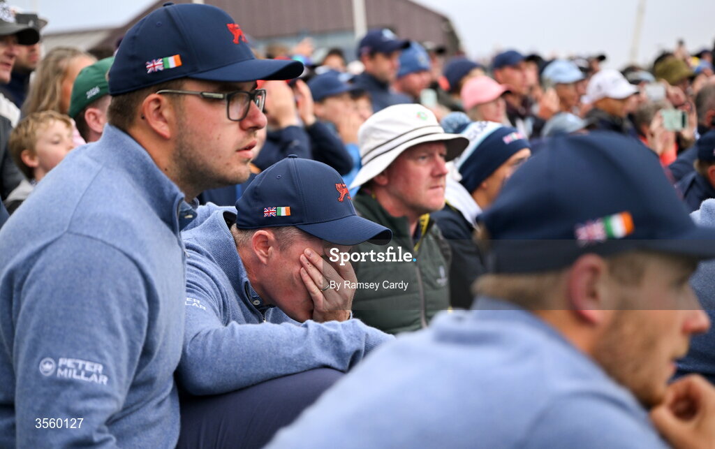 6 September 2026; Stuart Grehan of Great Britain and Ireland reacts as Josh Hill of Great Britain and Ireland takes the winning putt on day two of the 51st Walker Cup at Lahinch Golf Club in Lahinch, Clare. Photo by Ramsey Cardy/Sportsfile