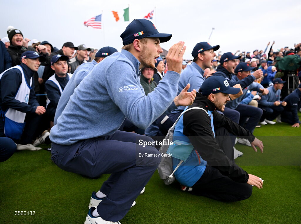 6 September 2026; Connor Graham of Great Britain and Ireland reacts as his side wins The Walker Cup on day two of the 51st Walker Cup at Lahinch Golf Club in Lahinch, Clare. Photo by Ramsey Cardy/Sportsfile