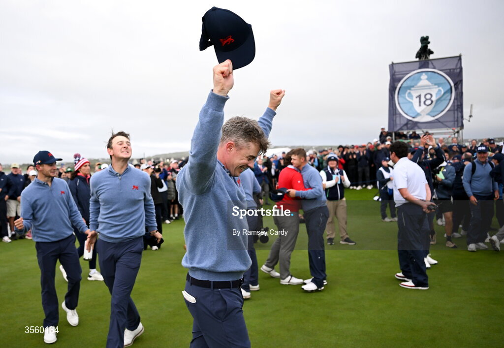 6 September 2026; Stuart Grehan of Great Britain and Ireland celebrates winning The Walker Cup on day two of the 51st Walker Cup at Lahinch Golf Club in Lahinch, Clare. Photo by Ramsey Cardy/Sportsfile