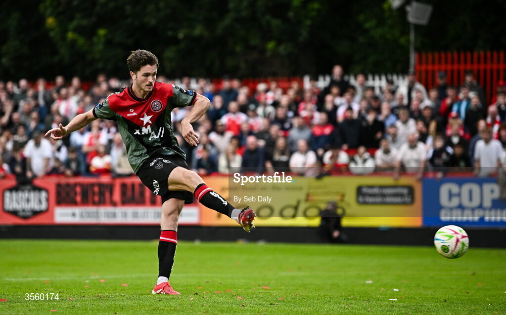 5 September 2026; Patrick Hickey of Bohemians takes a penalty in the penalty shoot-out during the Club Orange Men’s FAI Cup quarter-final match between St Patrick's Athletic and Bohemians at Richmond Park in Dublin. Photo by Seb Daly/Sportsfile