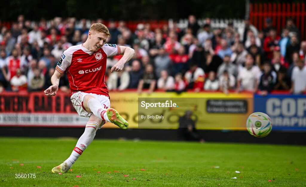 5 September 2026; Darragh Nugent of St Patrick's Athletic takes a penalty in the penalty shoot-out during the Club Orange Men’s FAI Cup quarter-final match between St Patrick's Athletic and Bohemians at Richmond Park in Dublin. Photo by Seb Daly/Sportsfile