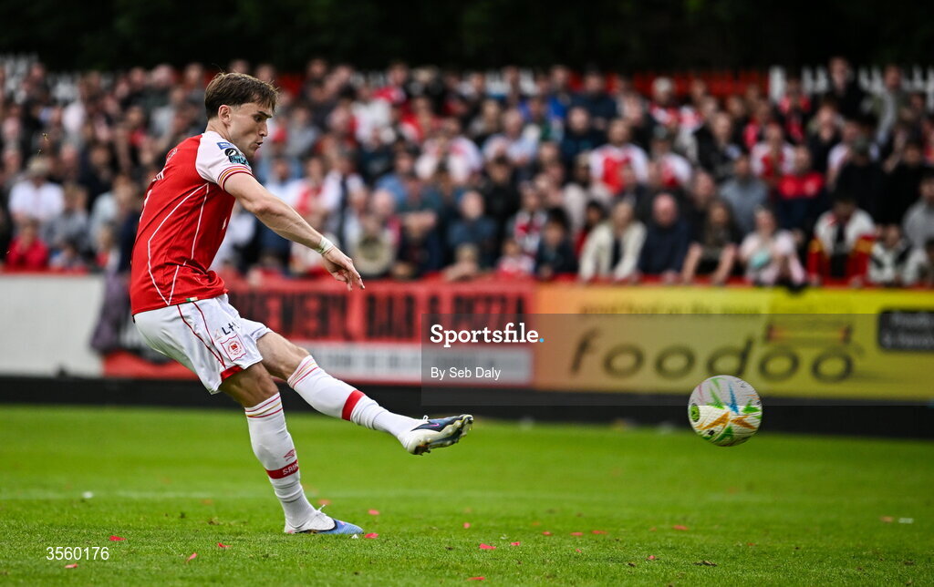 5 September 2026; Anto Breslin of St Patrick's Athletic takes a penalty in the penalty shoot-out during the Club Orange Men’s FAI Cup quarter-final match between St Patrick's Athletic and Bohemians at Richmond Park in Dublin. Photo by Seb Daly/Sportsfile