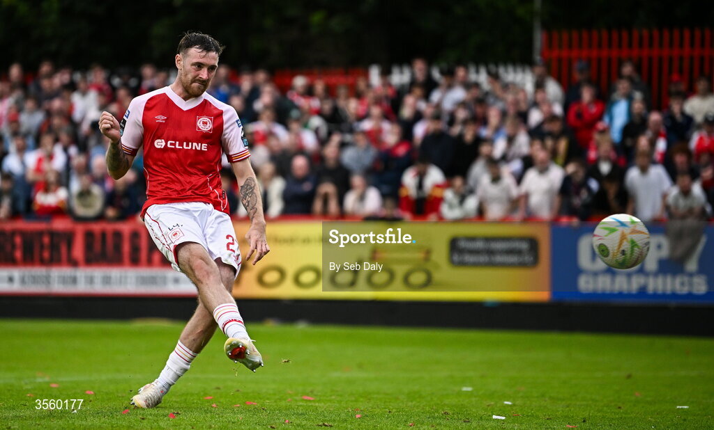 5 September 2026; Ryan Edmondson of St Patrick's Athletic takes a penalty in the penalty shoot-out during the Club Orange Men’s FAI Cup quarter-final match between St Patrick's Athletic and Bohemians at Richmond Park in Dublin. Photo by Seb Daly/Sportsfile