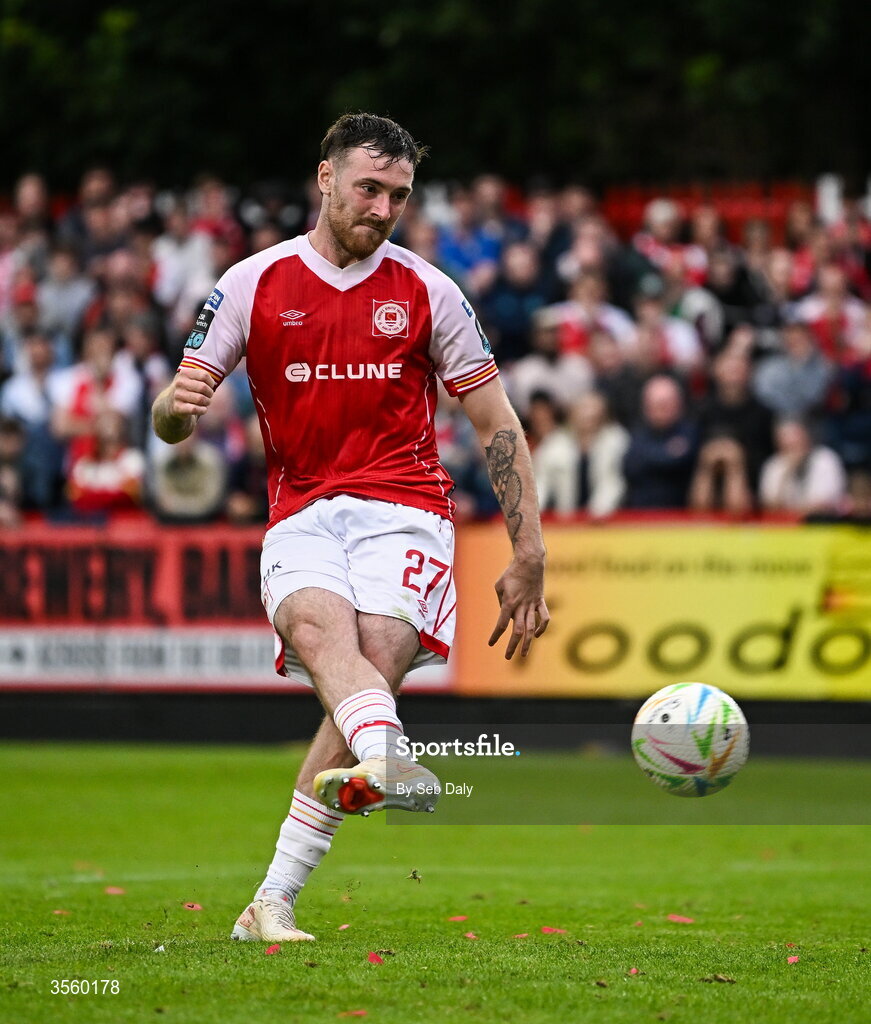 5 September 2026; Ryan Edmondson of St Patrick's Athletic takes a penalty in the penalty shoot-out during the Club Orange Men’s FAI Cup quarter-final match between St Patrick's Athletic and Bohemians at Richmond Park in Dublin. Photo by Seb Daly/Sportsfile
