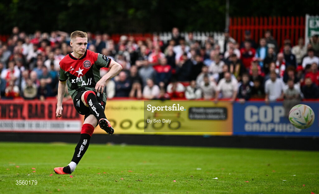 5 September 2026; Ross Tierney of Bohemians takes a penalty in the penalty shoot-out during the Club Orange Men’s FAI Cup quarter-final match between St Patrick's Athletic and Bohemians at Richmond Park in Dublin. Photo by Seb Daly/Sportsfile