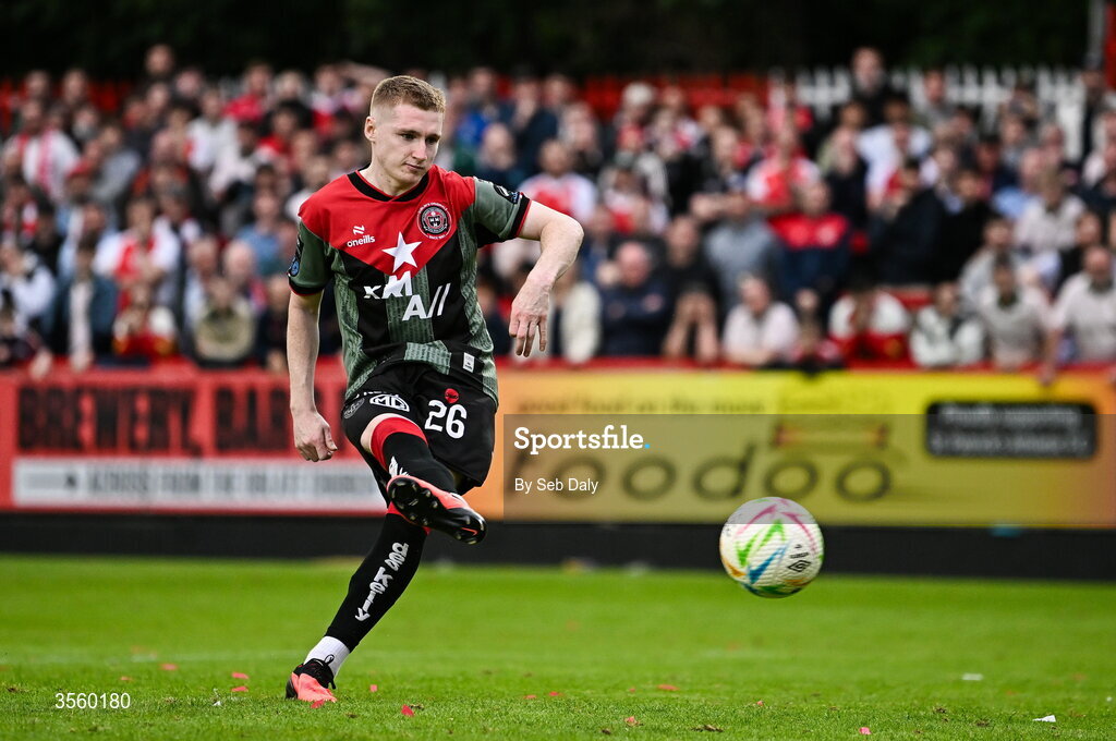 5 September 2026; Ross Tierney of Bohemians takes a penalty in the penalty shoot-out during the Club Orange Men’s FAI Cup quarter-final match between St Patrick's Athletic and Bohemians at Richmond Park in Dublin. Photo by Seb Daly/Sportsfile