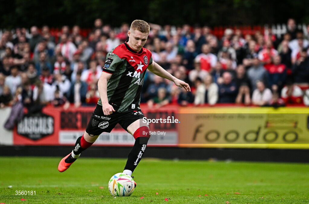 5 September 2026; Ross Tierney of Bohemians takes a penalty in the penalty shoot-out during the Club Orange Men’s FAI Cup quarter-final match between St Patrick's Athletic and Bohemians at Richmond Park in Dublin. Photo by Seb Daly/Sportsfile