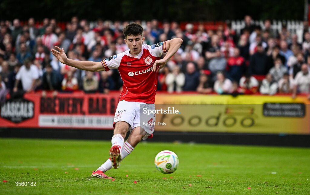 5 September 2026; Ryan Sheridan of St Patrick's Athletic takes a penalty in the penalty shoot-out during the Club Orange Men’s FAI Cup quarter-final match between St Patrick's Athletic and Bohemians at Richmond Park in Dublin. Photo by Seb Daly/Sportsfile