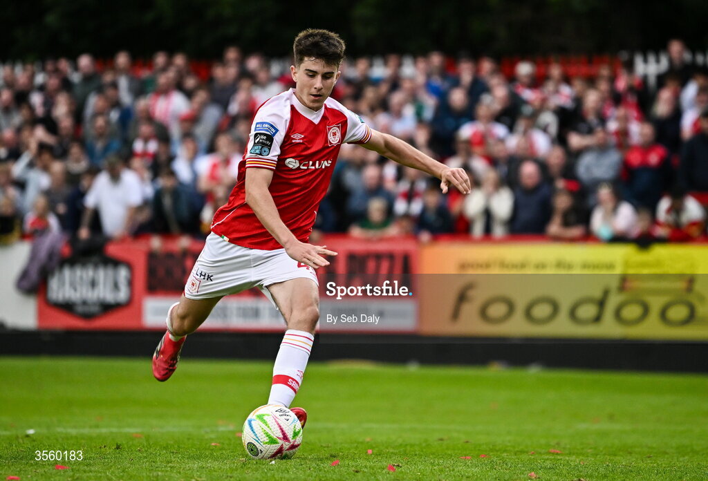 5 September 2026; Ryan Sheridan of St Patrick's Athletic takes a penalty in the penalty shoot-out during the Club Orange Men’s FAI Cup quarter-final match between St Patrick's Athletic and Bohemians at Richmond Park in Dublin. Photo by Seb Daly/Sportsfile