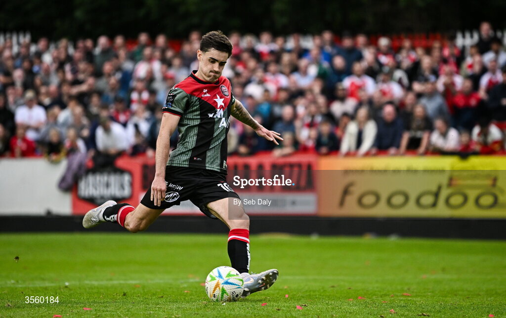 5 September 2026; Dawson Devoy of Bohemians takes a penalty in the penalty shoot-out during the Club Orange Men’s FAI Cup quarter-final match between St Patrick's Athletic and Bohemians at Richmond Park in Dublin. Photo by Seb Daly/Sportsfile