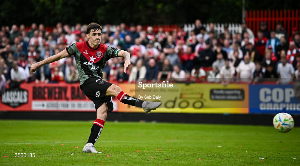 5 September 2026; Dawson Devoy of Bohemians takes a penalty in the penalty shoot-out during the Club Orange Men’s FAI Cup quarter-final match between St Patrick's Athletic and Bohemians at Richmond Park in Dublin. Photo by Seb Daly/Sportsfile