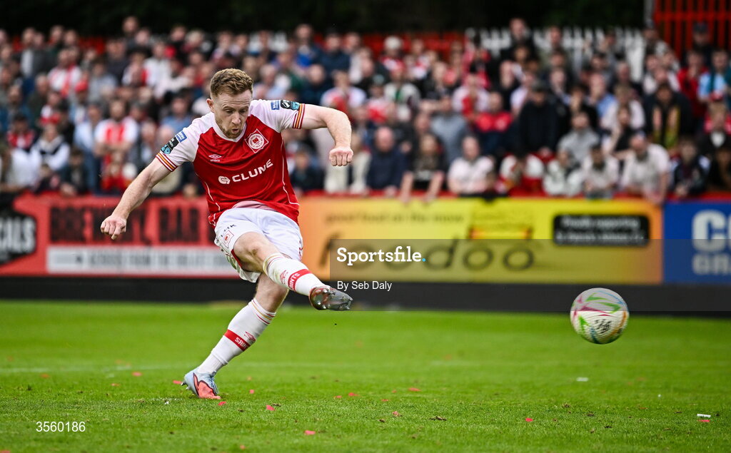 5 September 2026; Sean Hoare of St Patrick's Athletic takes a penalty in the penalty shoot-out during the Club Orange Men’s FAI Cup quarter-final match between St Patrick's Athletic and Bohemians at Richmond Park in Dublin. Photo by Seb Daly/Sportsfile