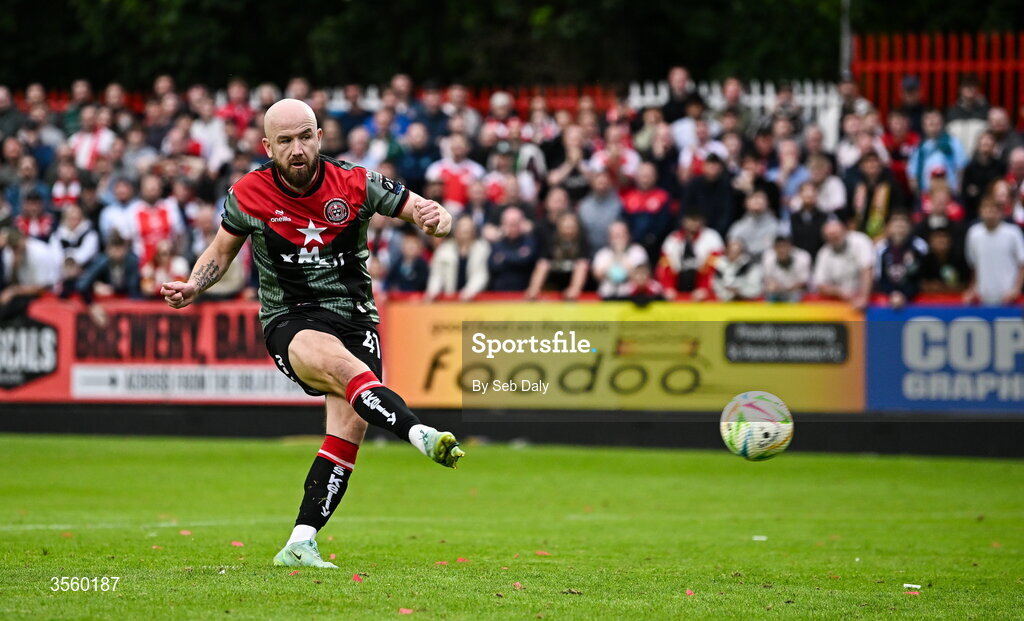 5 September 2026; Paddy Madden of Bohemians takes a penalty in the penalty shoot-out during the Club Orange Men’s FAI Cup quarter-final match between St Patrick's Athletic and Bohemians at Richmond Park in Dublin. Photo by Seb Daly/Sportsfile