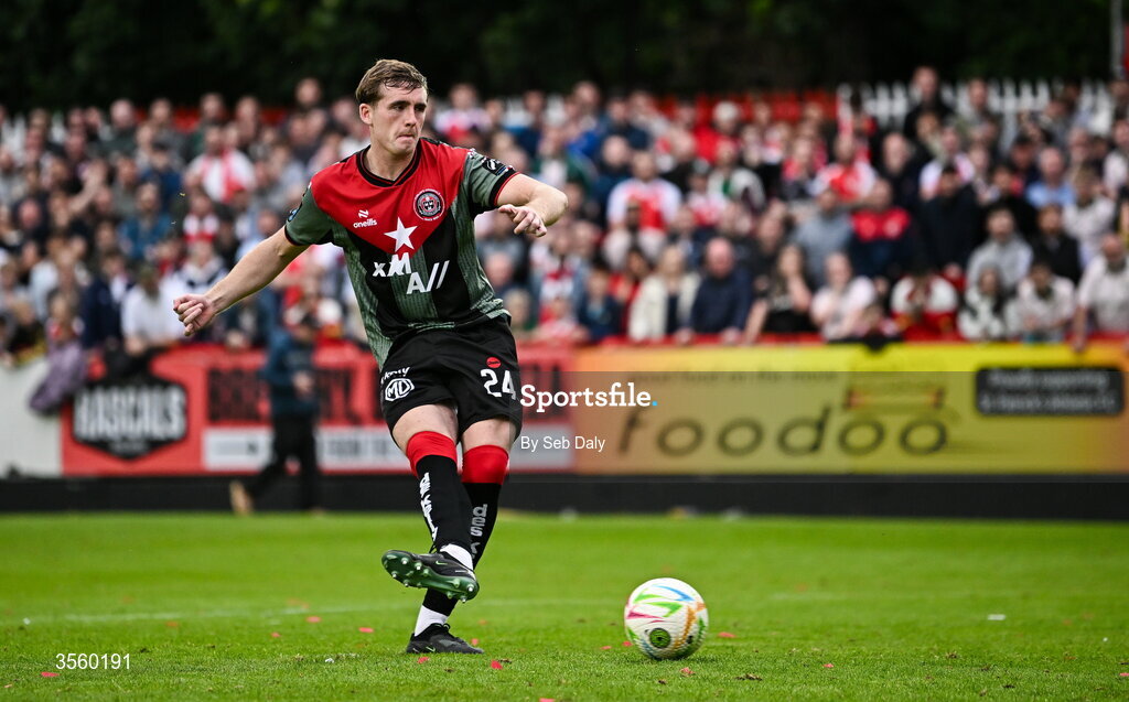 5 September 2026; Cian Byrne of Bohemians takes a penalty in the penalty shoot-out during the Club Orange Men’s FAI Cup quarter-final match between St Patrick's Athletic and Bohemians at Richmond Park in Dublin. Photo by Seb Daly/Sportsfile