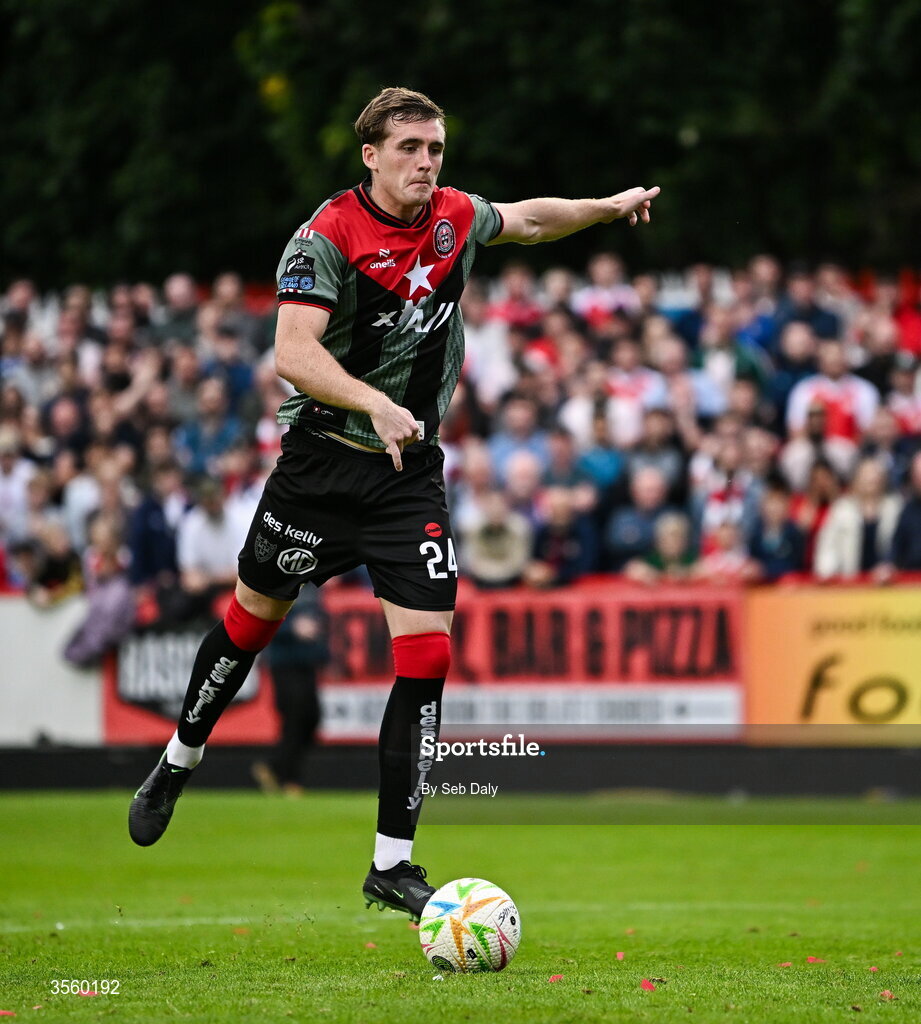 5 September 2026; Cian Byrne of Bohemians takes a penalty in the penalty shoot-out during the Club Orange Men’s FAI Cup quarter-final match between St Patrick's Athletic and Bohemians at Richmond Park in Dublin. Photo by Seb Daly/Sportsfile