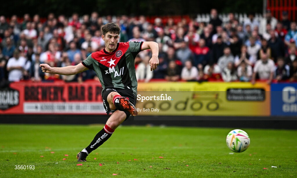 5 September 2026; Colm Whelan of Bohemians takes a penalty in the penalty shoot-out during the Club Orange Men’s FAI Cup quarter-final match between St Patrick's Athletic and Bohemians at Richmond Park in Dublin. Photo by Seb Daly/Sportsfile