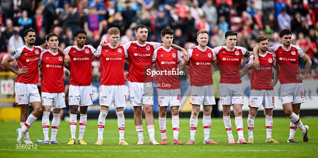 5 September 2026; St Patrick's Athletic players during the Club Orange Men’s FAI Cup quarter-final match between St Patrick's Athletic and Bohemians at Richmond Park in Dublin. Photo by Seb Daly/Sportsfile