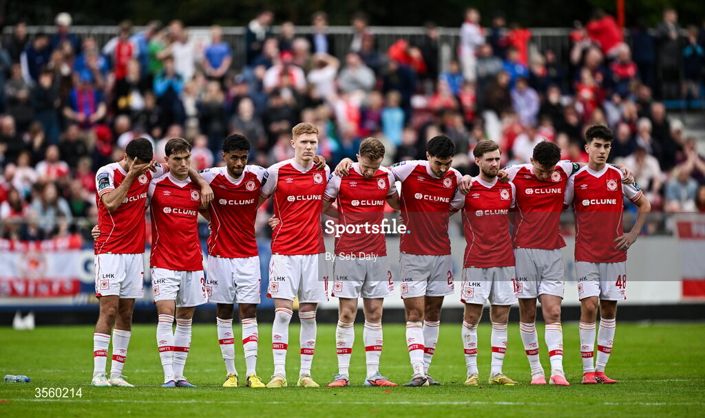 5 September 2026; St Patrick's Athletic players during the Club Orange Men’s FAI Cup quarter-final match between St Patrick's Athletic and Bohemians at Richmond Park in Dublin. Photo by Seb Daly/Sportsfile
