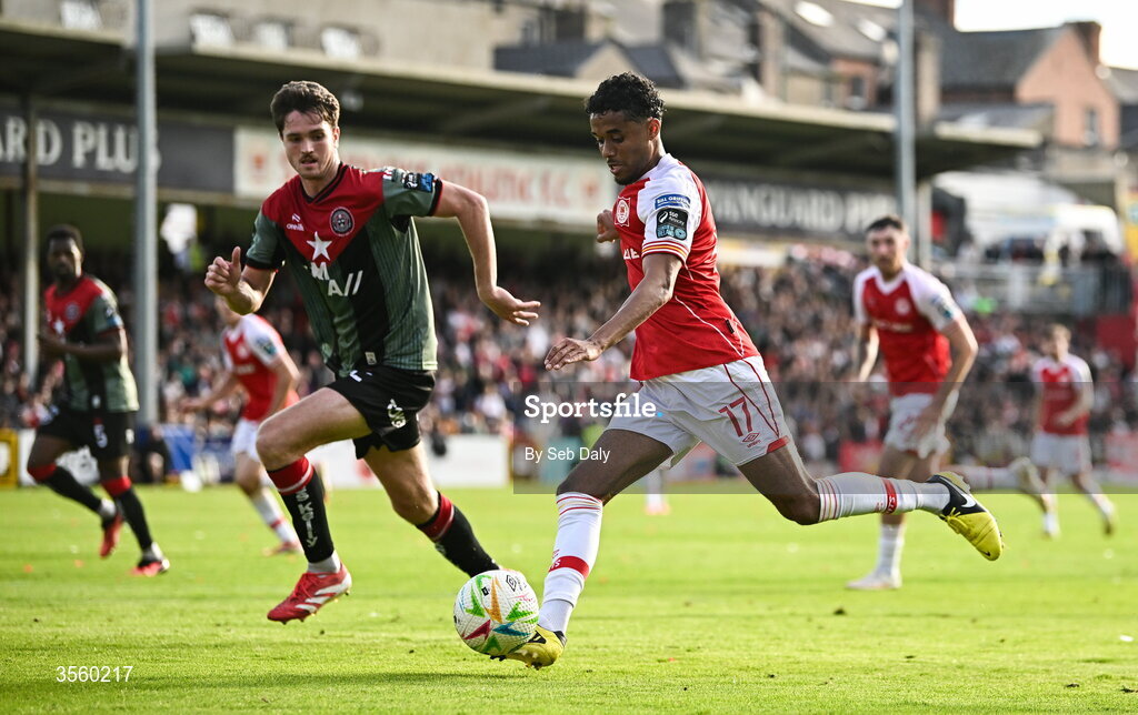 5 September 2026; Romal Palmer of St Patrick's Athletic during the Club Orange Men’s FAI Cup quarter-final match between St Patrick's Athletic and Bohemians at Richmond Park in Dublin. Photo by Seb Daly/Sportsfile