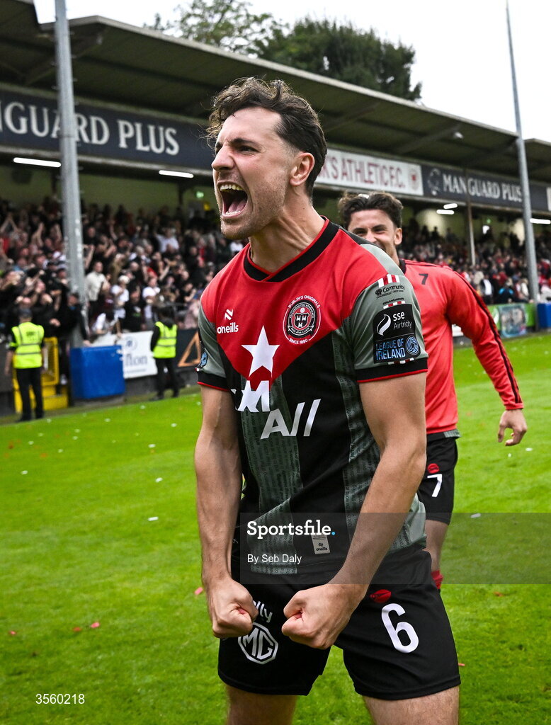 5 September 2026; Jordan Flores of Bohemians celebrates after the Club Orange Men’s FAI Cup quarter-final match between St Patrick's Athletic and Bohemians at Richmond Park in Dublin. Photo by Seb Daly/Sportsfile