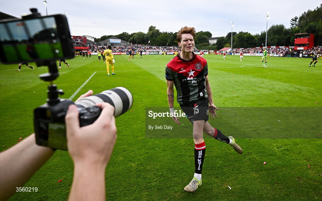5 September 2026; Senan Mullen of Bohemians celebrates after the Club Orange Men’s FAI Cup quarter-final match between St Patrick's Athletic and Bohemians at Richmond Park in Dublin. Photo by Seb Daly/Sportsfile