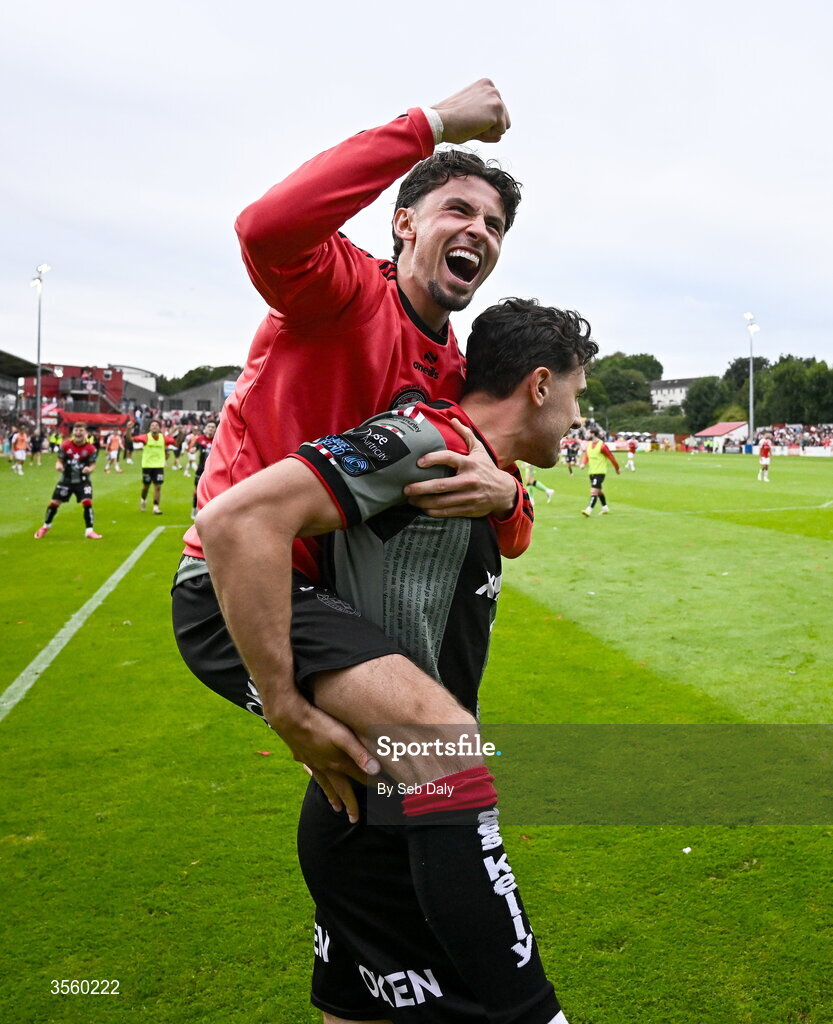 5 September 2026; Bohemians players Connor Parsons, left, and Jordan Flores celebrate after the Club Orange Men’s FAI Cup quarter-final match between St Patrick's Athletic and Bohemians at Richmond Park in Dublin. Photo by Seb Daly/Sportsfile