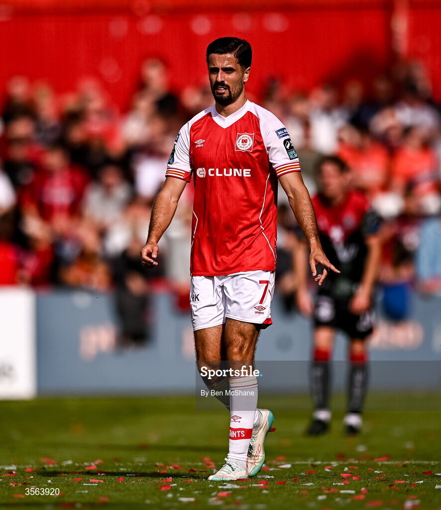 5 September 2026; Zack Elbouzedi of St Patrick's Athletic during the Club Orange Men’s FAI Cup quarter-final match between St Patrick's Athletic and Bohemians at Richmond Park in Dublin. Photo by Ben McShane/Sportsfile
