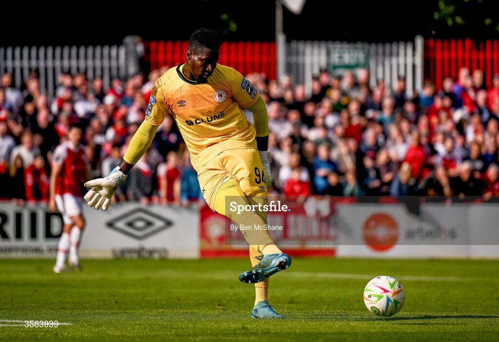 5 September 2026; St Patrick's Athletic goalkeeper Joseph Anang during the Club Orange Men’s FAI Cup quarter-final match between St Patrick's Athletic and Bohemians at Richmond Park in Dublin. Photo by Ben McShane/Sportsfile