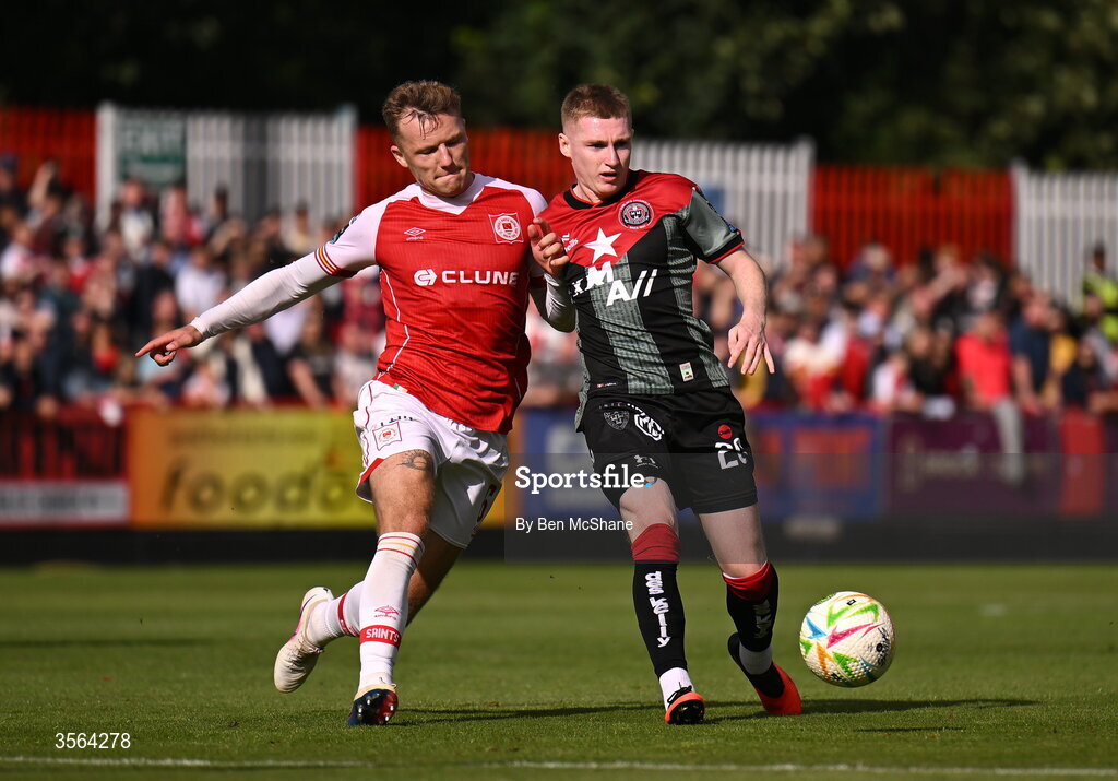 5 September 2026; Ross Tierney of Bohemians and Jamie Lennon of St Patrick's Athletic during the Club Orange Men’s FAI Cup quarter-final match between St Patrick's Athletic and Bohemians at Richmond Park in Dublin. Photo by Ben McShane/Sportsfile