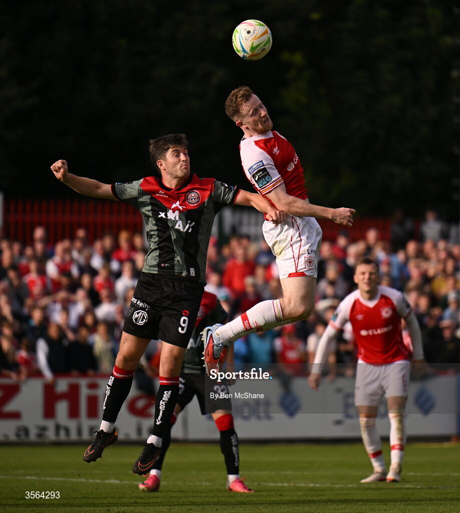 5 September 2026; Sean Hoare of St Patrick's Athletic and Colm Whelan of Bohemians during the Club Orange Men’s FAI Cup quarter-final match between St Patrick's Athletic and Bohemians at Richmond Park in Dublin. Photo by Ben McShane/Sportsfile