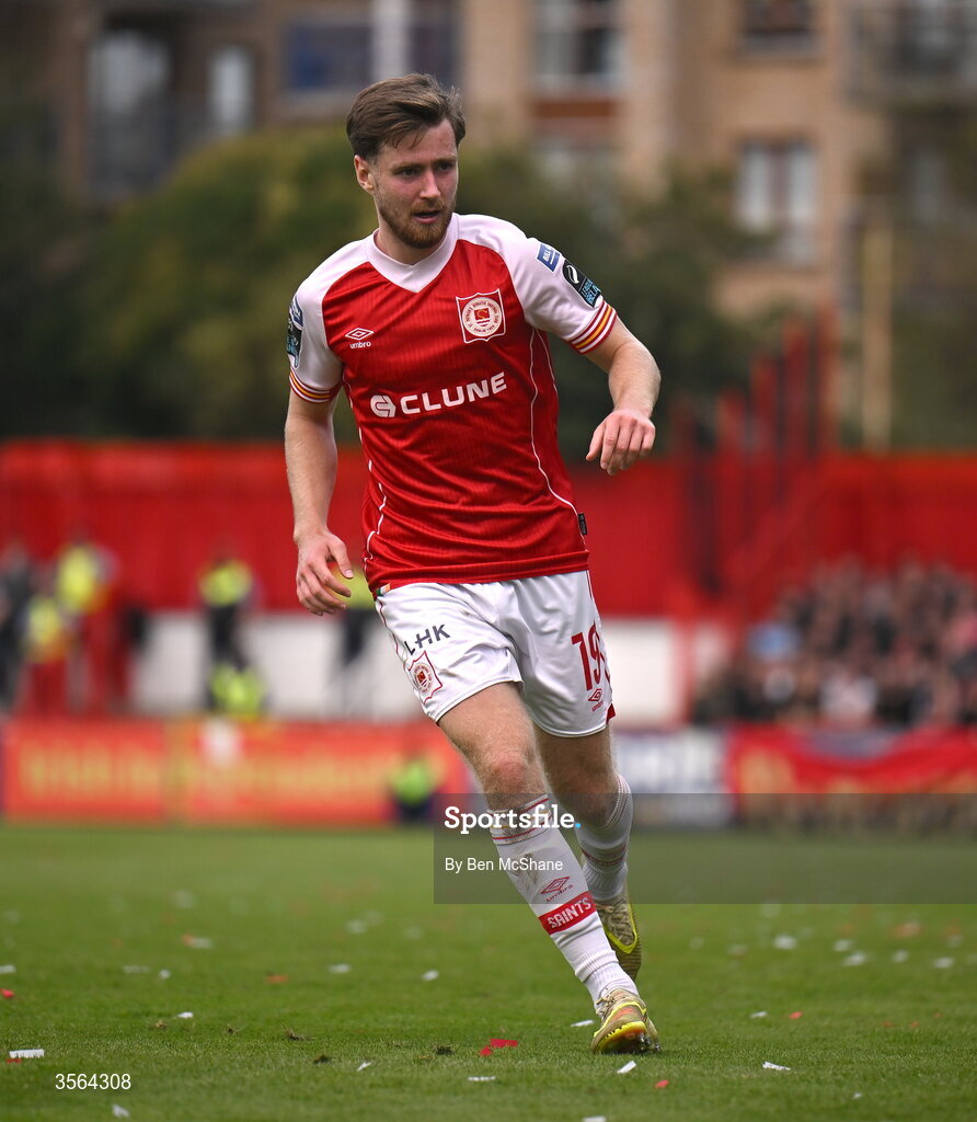 5 September 2026; Barry Baggley of St Patrick's Athletic during the Club Orange Men’s FAI Cup quarter-final match between St Patrick's Athletic and Bohemians at Richmond Park in Dublin. Photo by Ben McShane/Sportsfile
