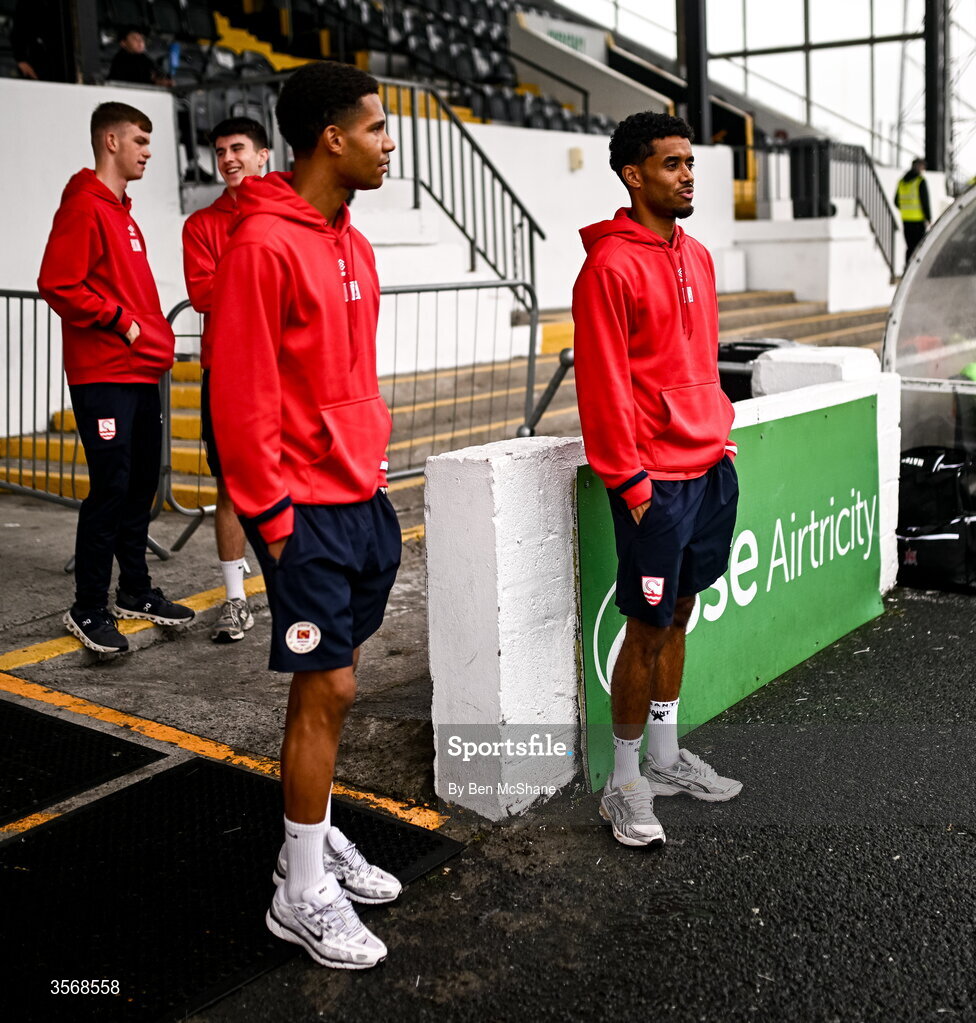 14 September 2026; Anthony Olusanya, left, and Romal Palmer of St Patrick's Athletic before the SSE Airtricity Men’s Premier Division match between Dundalk and St Patrick's Athletic at Oriel Park in Dundalk, Louth. Photo by Ben McShane/Sportsfile