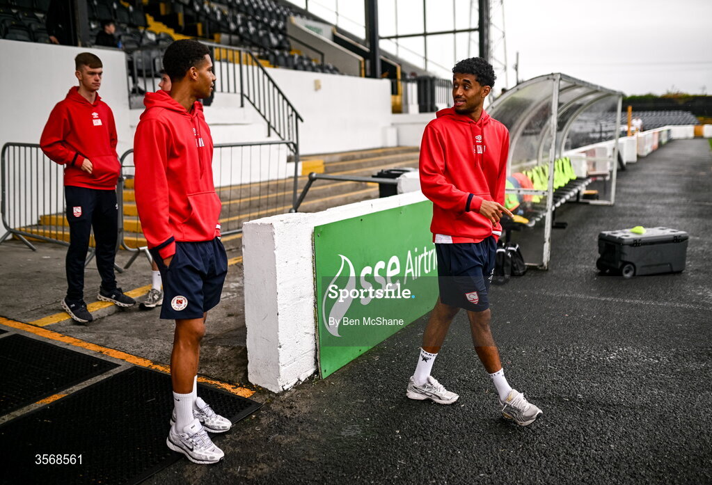14 September 2026; Anthony Olusanya, left, and Romal Palmer of St Patrick's Athletic before the SSE Airtricity Men’s Premier Division match between Dundalk and St Patrick's Athletic at Oriel Park in Dundalk, Louth. Photo by Ben McShane/Sportsfile