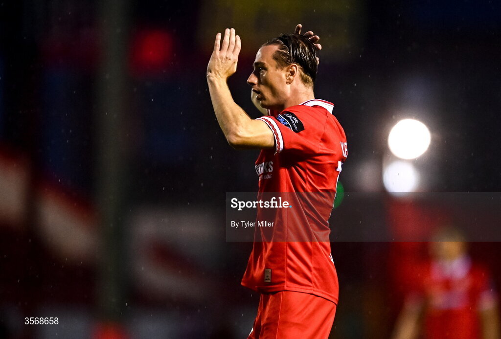 14 September 2026; Daniel Kelly of Shelbourne reacts to a missed opportunity on goal during the SSE Airtricity Men’s Premier Division match between Shelbourne and Drogheda United at Tolka Park in Dublin. Photo by Tyler Miller/Sportsfile