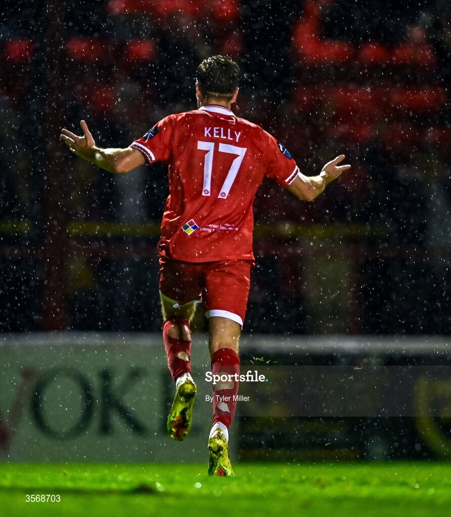 14 September 2026; Daniel Kelly of Shelbourne celebrates after scoring his side's first goal during the SSE Airtricity Men’s Premier Division match between Shelbourne and Drogheda United at Tolka Park in Dublin. Photo by Tyler Miller/Sportsfile