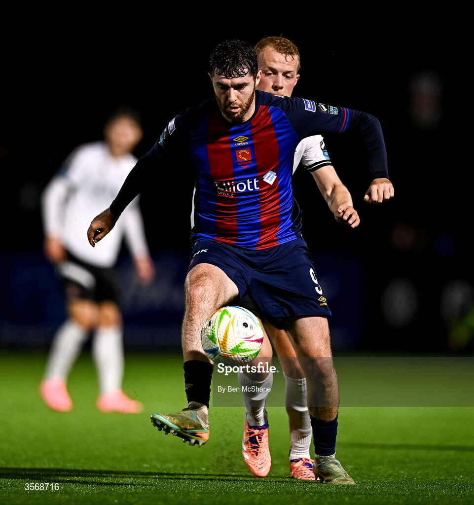14 September 2026; Aidan Keena of St Patrick's Athletic in action against Tom Grivosti of St Patrick's Athletic during the SSE Airtricity Men’s Premier Division match between Dundalk and St Patrick's Athletic at Oriel Park in Dundalk, Louth. Photo by Ben McShane/Sportsfile