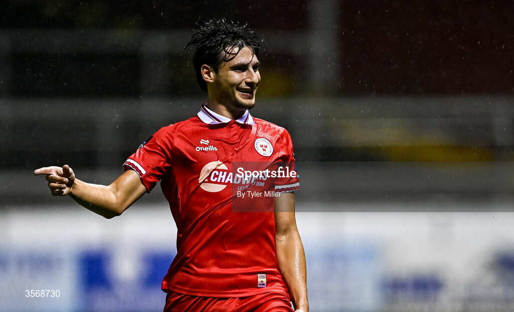 14 September 2026; Rodrigo Freitas of Shelbourne reacts to an offside decision during the SSE Airtricity Men’s Premier Division match between Shelbourne and Drogheda United at Tolka Park in Dublin. Photo by Tyler Miller/Sportsfile
