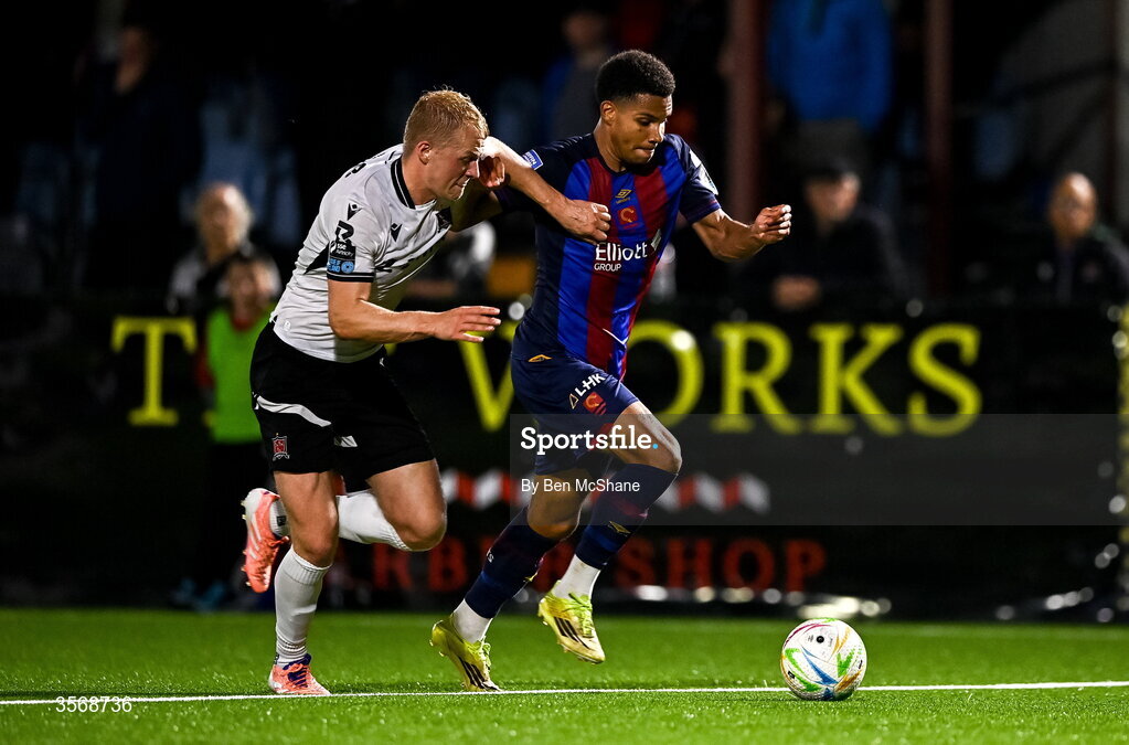 14 September 2026; Anthony Olusanya of St Patrick's Athletic in action against Tom Grivosti of St Patrick's Athletic during the SSE Airtricity Men’s Premier Division match between Dundalk and St Patrick's Athletic at Oriel Park in Dundalk, Louth. Photo by Ben McShane/Sportsfile