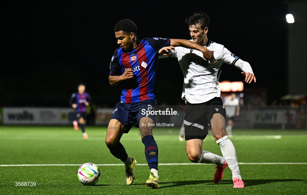 14 September 2026; Anthony Olusanya of St Patrick's Athletic in action against Egor Vassenin of Dundalk during the SSE Airtricity Men’s Premier Division match between Dundalk and St Patrick's Athletic at Oriel Park in Dundalk, Louth. Photo by Ben McShane/Sportsfile