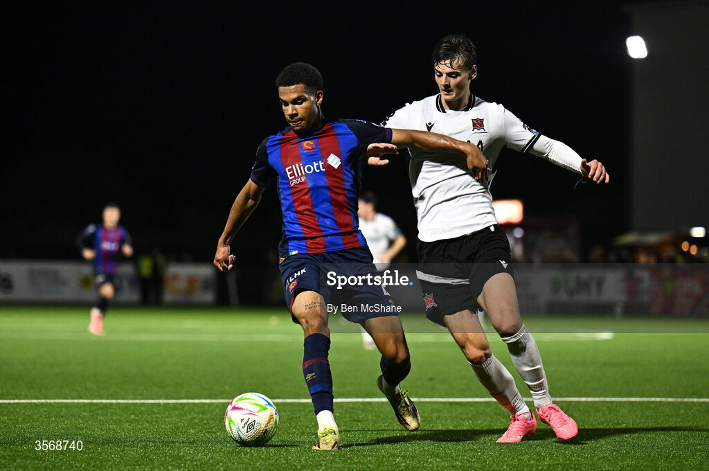 14 September 2026; Anthony Olusanya of St Patrick's Athletic in action against Egor Vassenin of Dundalk during the SSE Airtricity Men’s Premier Division match between Dundalk and St Patrick's Athletic at Oriel Park in Dundalk, Louth. Photo by Ben McShane/Sportsfile