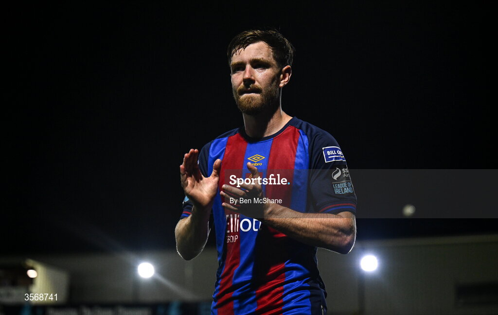 14 September 2026; Barry Baggley of St Patrick's Athletic acknowledges their supporters after being substituted off in the second half during the SSE Airtricity Men’s Premier Division match between Dundalk and St Patrick's Athletic at Oriel Park in Dundalk, Louth. Photo by Ben McShane/Sportsfile