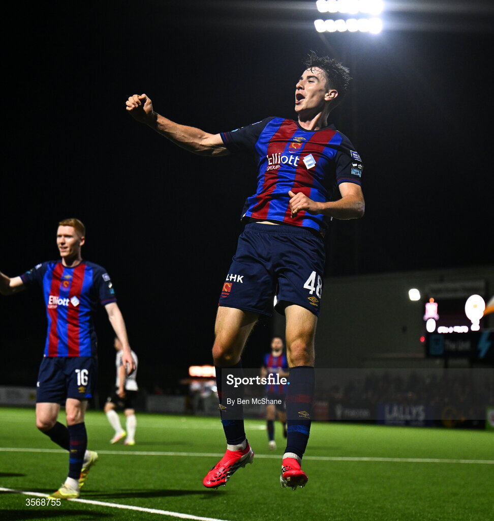 14 September 2026; Ryan Sheridan of St Patrick's Athletic celebrates after scoring his side's third goal during the SSE Airtricity Men’s Premier Division match between Dundalk and St Patrick's Athletic at Oriel Park in Dundalk, Louth. Photo by Ben McShane/Sportsfile