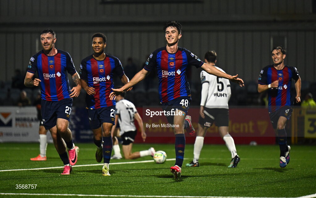 14 September 2026; Ryan Sheridan of St Patrick's Athletic celebrates after scoring his side's third goal during the SSE Airtricity Men’s Premier Division match between Dundalk and St Patrick's Athletic at Oriel Park in Dundalk, Louth. Photo by Ben McShane/Sportsfile